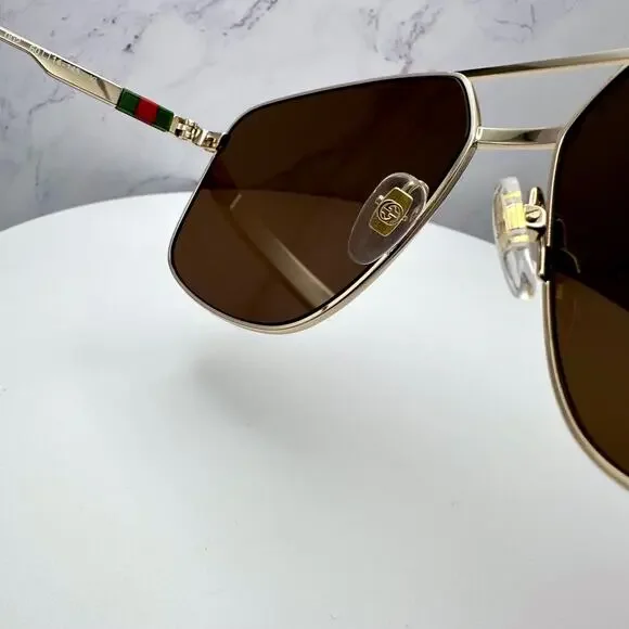 New GUCCI Sunglasses Gold Metal Square Aviator Pilot Red Green Web Logo Mens
